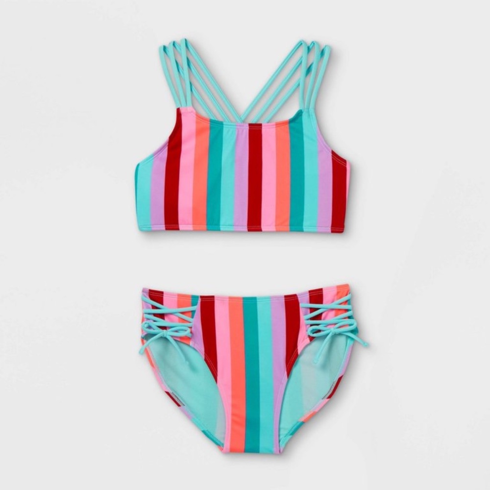 Multicolor vertical stripe two piece bikini swimsuit